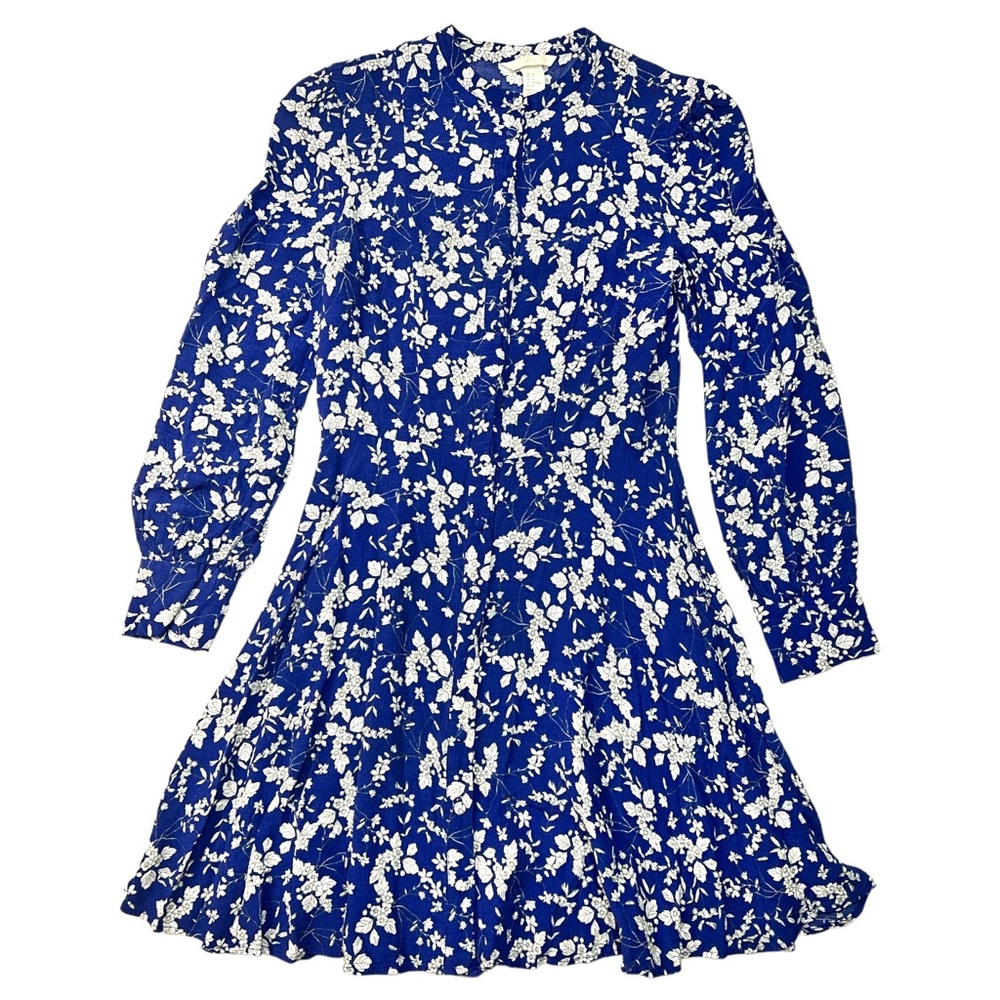 H&M Blue Floral Long Sleeve Button-Front Puff Sleeve Shirt Dress